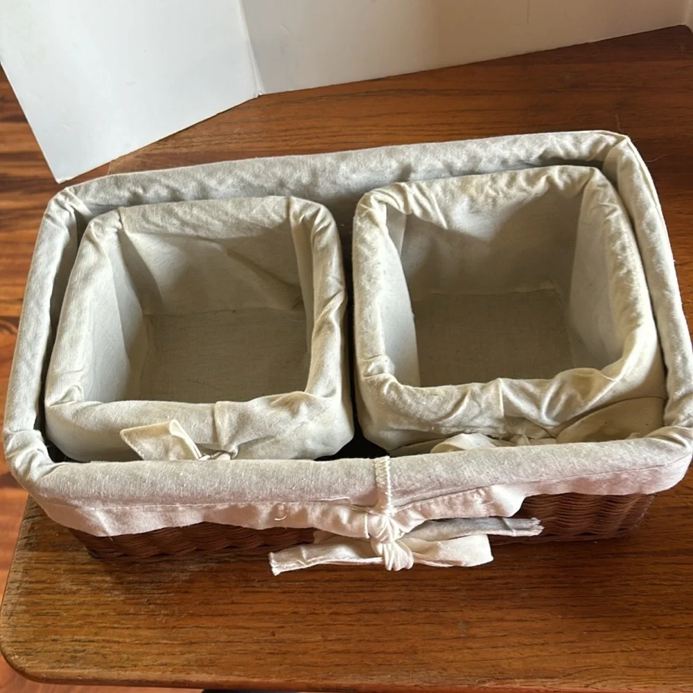 1990’s nesting set of 3 brown wicker with linen look liners storage baskets - Picture 5 of 11
